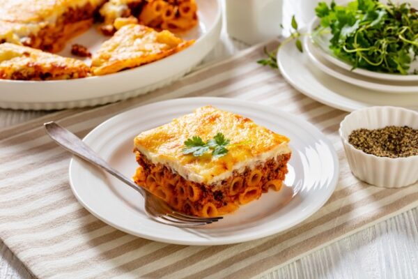 Greek,Pastitsio,Of,Pasta,,Ground,Lamb,,Grated,Cheese,,And,Tomatoes